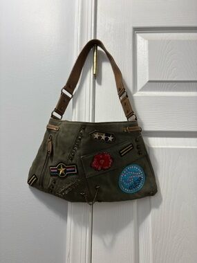 Vintage Y2K GUESS Green Canvas Denim Shoulder Bag Army Military Patch Embroidery